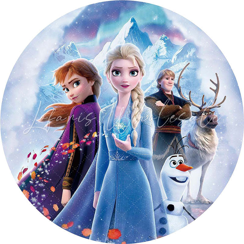 Lofaris Winter Snow Mountain Round Cartoon Birthday Backdrop