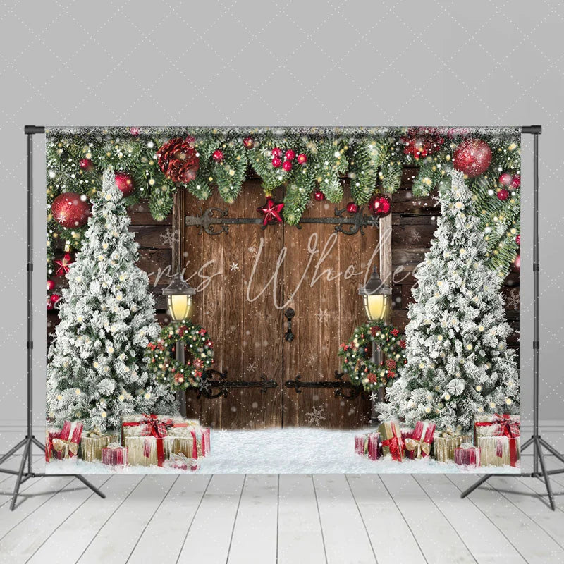 Lofaris Winter Theme Wooden Door Christmas Tree Backdrop