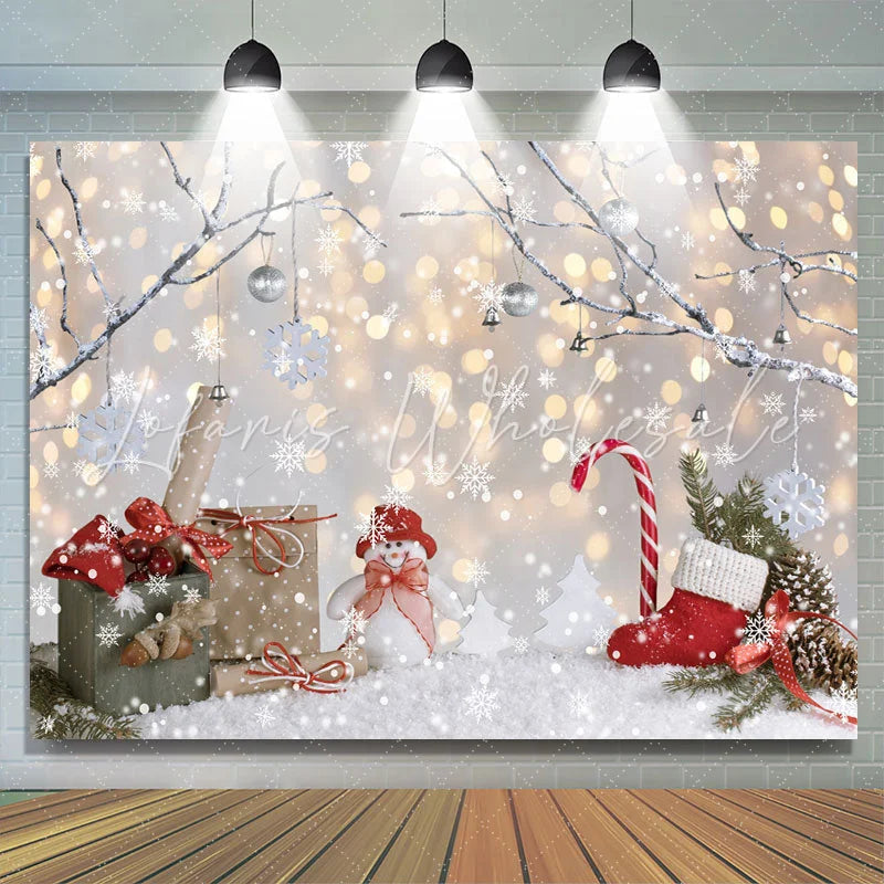 Lofaris Winter Tree Snowflake Gift Snowman Gold Bokeh Backdrop for Christmas