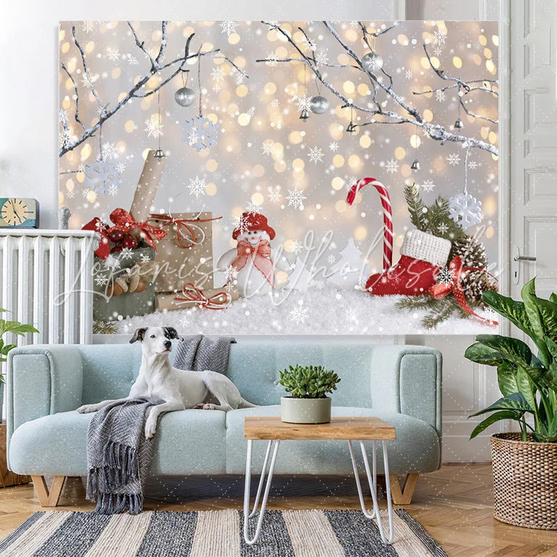 Lofaris Winter Tree Snowflake Gift Snowman Gold Bokeh Backdrop for Christmas