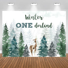 Lofaris Winter Watercolor Pine Forest Deer 1st Birthday Backdrop