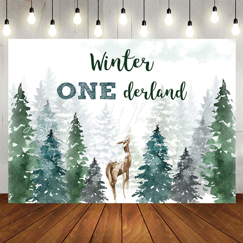 Lofaris Winter Watercolor Pine Forest Deer 1st Birthday Backdrop
