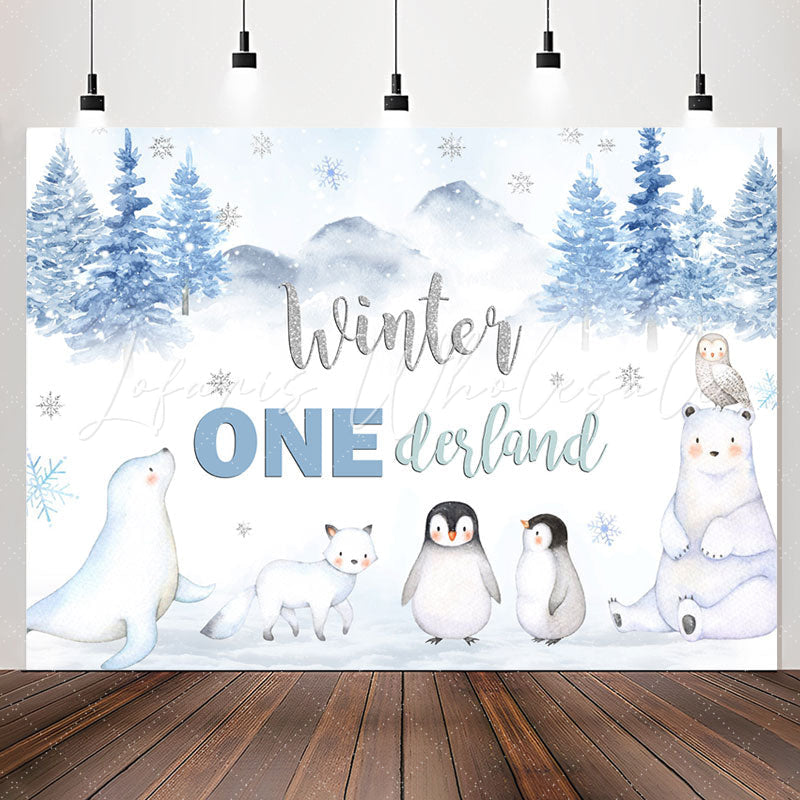 Lofaris Winter White Animals Forest 1st Birthday Backdrop