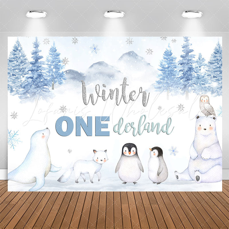 Lofaris Winter White Animals Forest 1st Birthday Backdrop