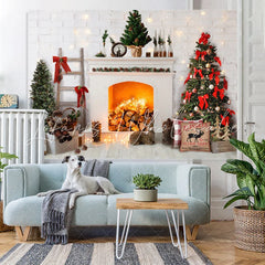Lofaris Winter White Brick Stove And Christmas Tree Backdrop
