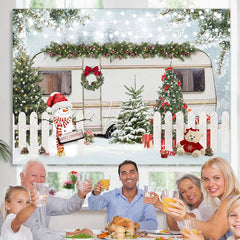 Lofaris Winter White Fence Bus Christmas Tree Snowman Lights Backdrop