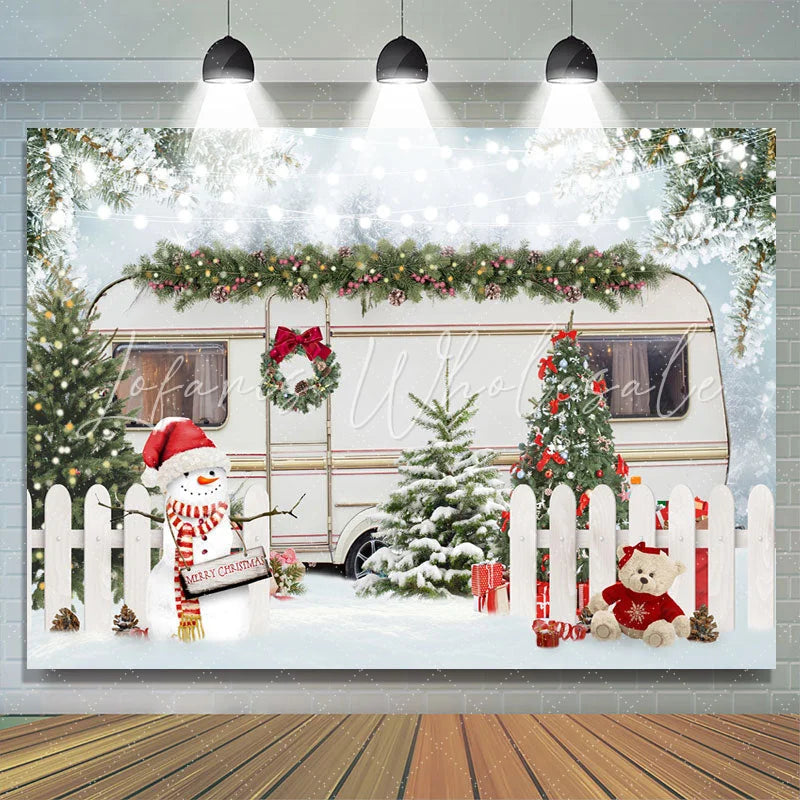 Lofaris Winter White Fence Bus Christmas Tree Snowman Lights Backdrop