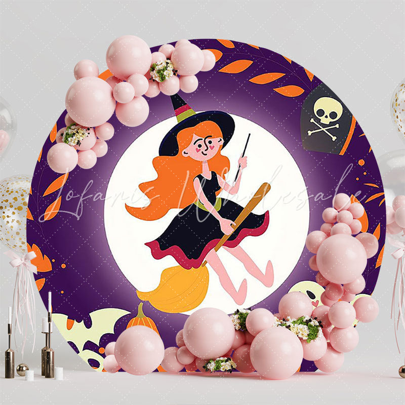 Witch on Bright Moon Round Backdrop for Halloween Party