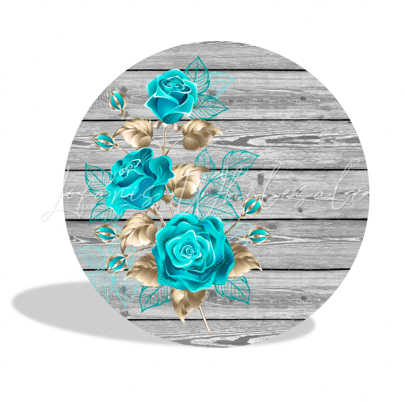 Wood Blue Rose Birthday Party Round Backdrop Cover Plinth Cylinder Pedestal Cloth Cove