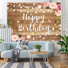 Lofaris Wood Pink and Purple Flower Happy Birthday Backdrop