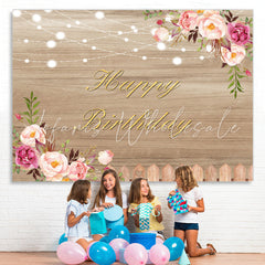 Lofaris Wood Pink Floral and Lights Happy Birthday Backdrop