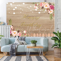 Lofaris Wood Pink Floral and Lights Happy Birthday Backdrop