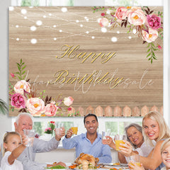Lofaris Wood Pink Floral and Lights Happy Birthday Backdrop