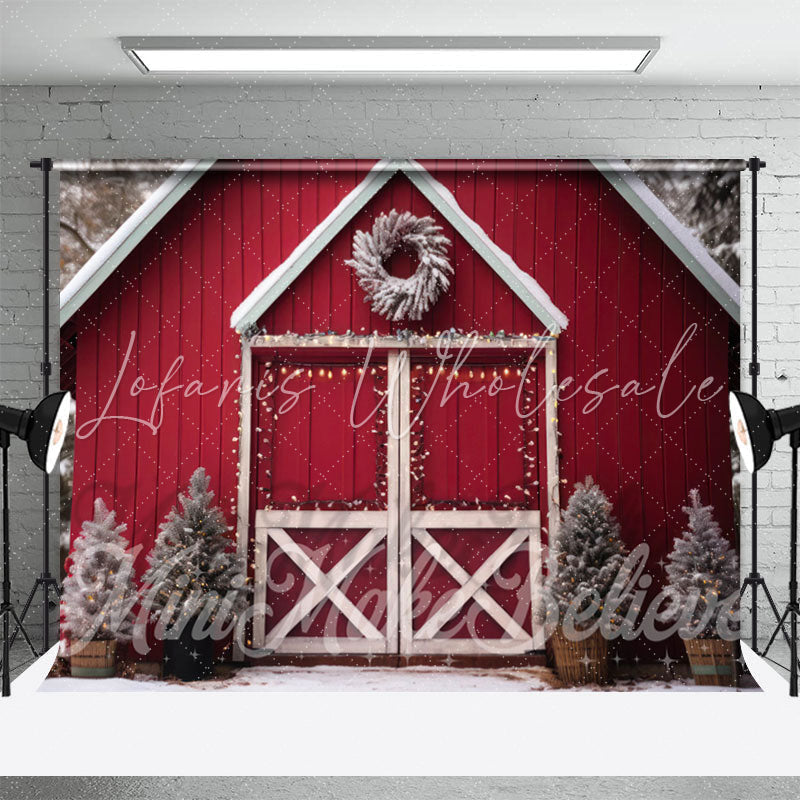 Lofaris Wood Red House Door Abies Merry Christmas Backdrop