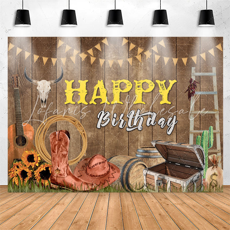 Lofaris Wood Wall Guitar Western Cowboy Rodeo Birthday Backdrop