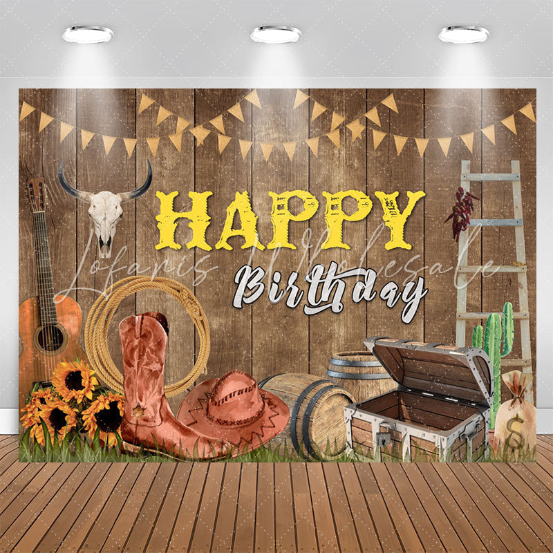 Lofaris Wood Wall Guitar Western Cowboy Rodeo Birthday Backdrop