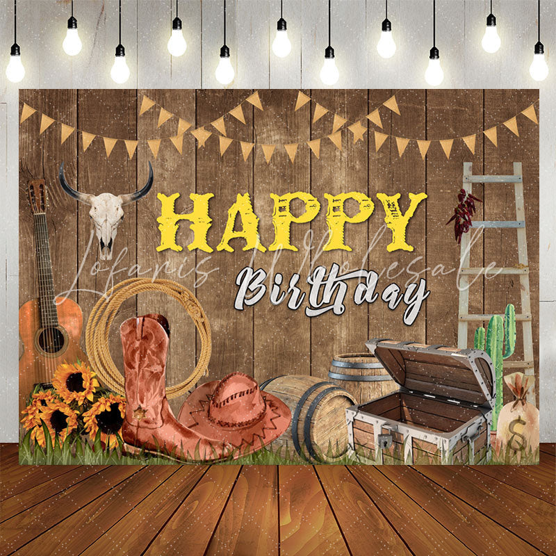 Lofaris Wood Wall Guitar Western Cowboy Rodeo Birthday Backdrop