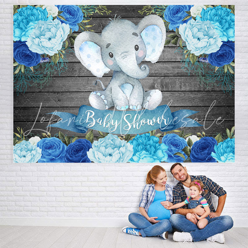 Lofaris Wooden Blue Floral Baby Elephent Shower Backdrop