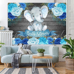 Lofaris Wooden Blue Floral Baby Elephent Shower Backdrop