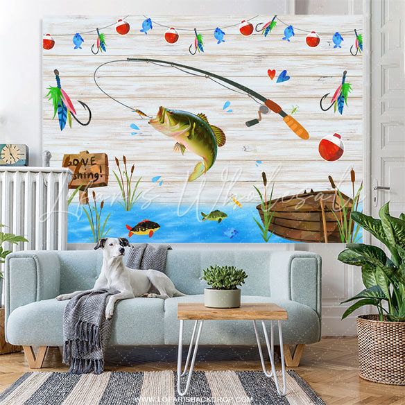 Lofaris Wooden Boat River Fishing Birthday Party Backdrop