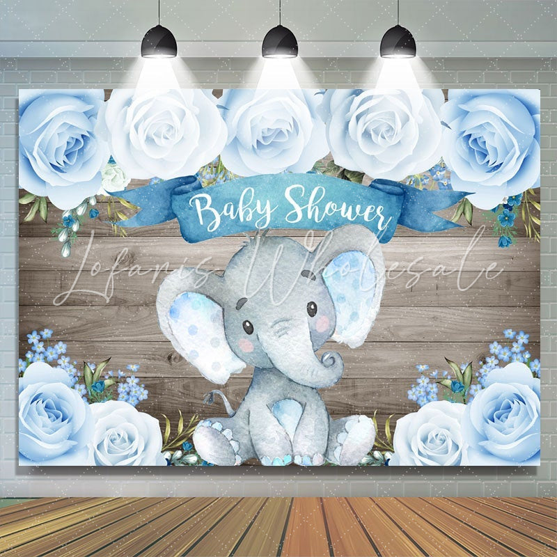 Lofaris Wooden Bule Roses Baby Elephant Shower Backdrop