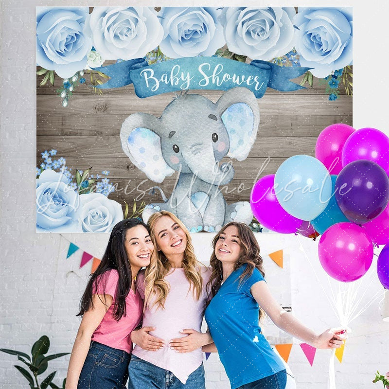 Lofaris Wooden Bule Roses Baby Elephant Shower Backdrop
