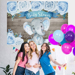 Lofaris Wooden Bule Roses Baby Elephant Shower Backdrop