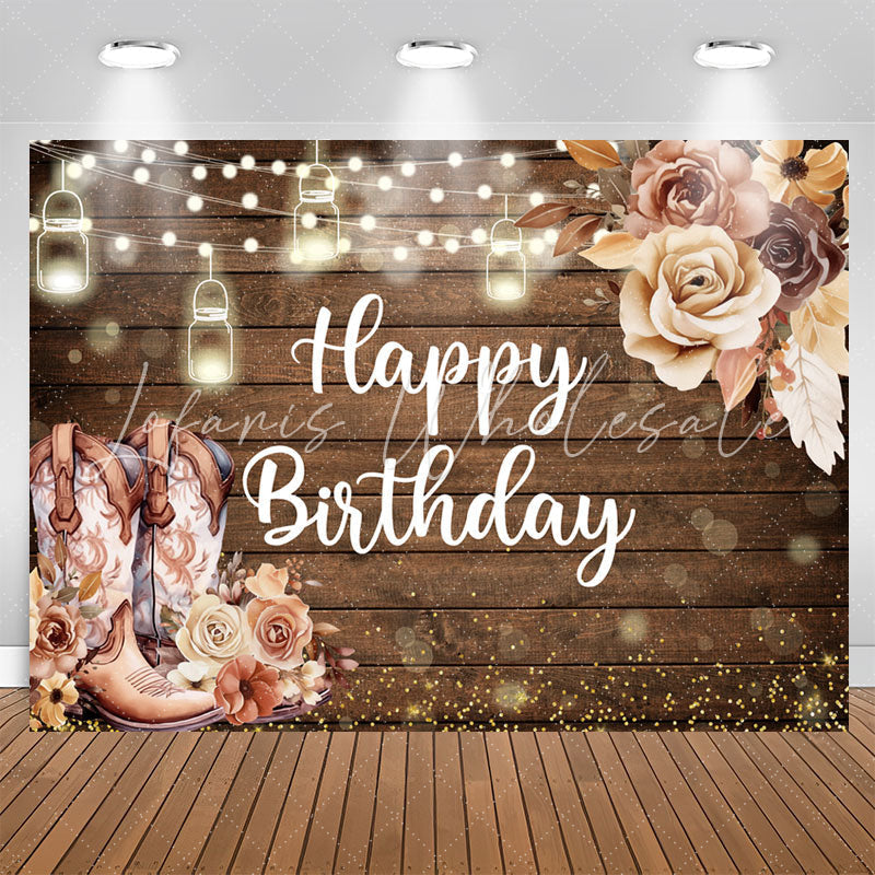 Lofaris Wooden Cowboy Floral Light Bokeh Birthday Backdrop