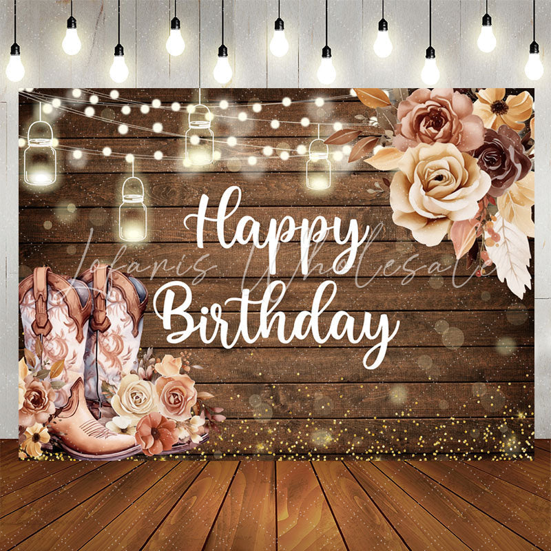 Lofaris Wooden Cowboy Floral Light Bokeh Birthday Backdrop