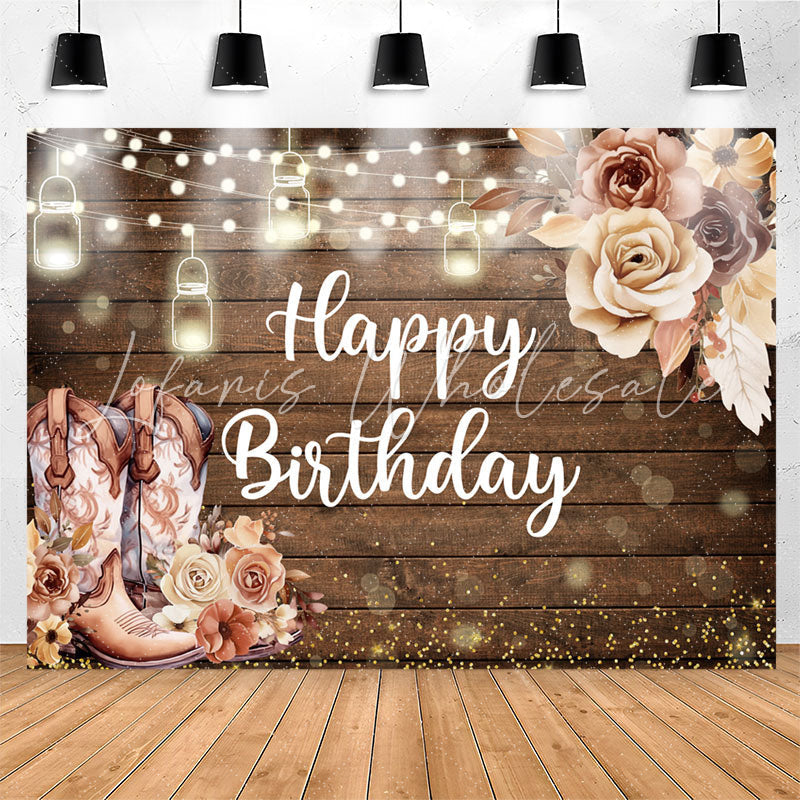 Lofaris Wooden Cowboy Floral Light Bokeh Birthday Backdrop