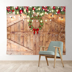 Lofaris Wooden Door With Christmas Wreath Light Holiday Backdrop