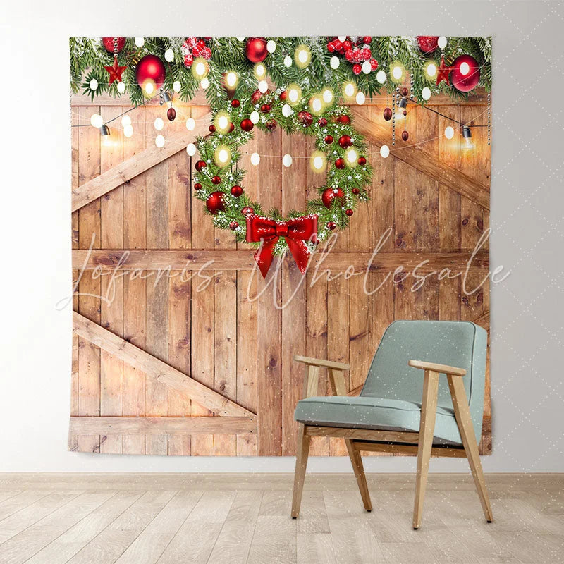 Lofaris Wooden Door With Christmas Wreath Light Holiday Backdrop