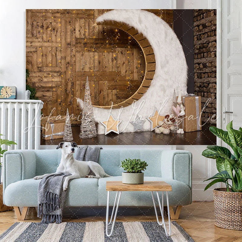 Lofaris Wooden Floor Moon Glitter Light Christmas Backdrop