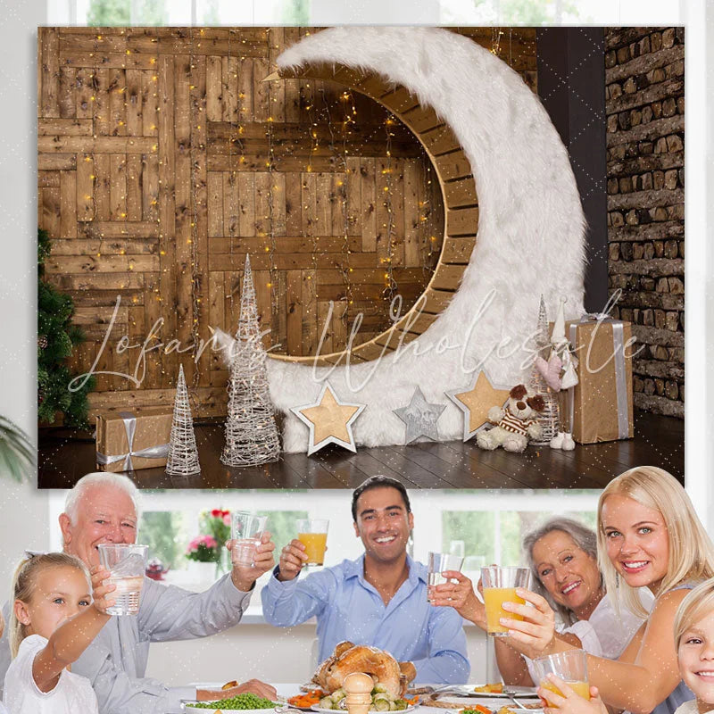 Lofaris Wooden Floor Moon Glitter Light Christmas Backdrop