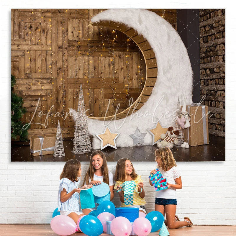 Lofaris Wooden Floor Moon Glitter Light Christmas Backdrop