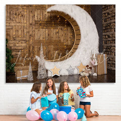 Lofaris Wooden Floor Moon Glitter Light Christmas Backdrop