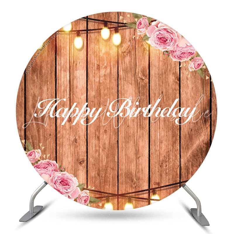 Lofaris Wooden Floral Light Round Happy Birthday Backdrop