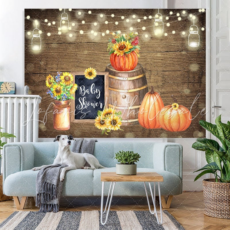 Lofaris Wooden pumpkin and sunflower baby shower backgruond