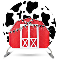 Lofaris Wooden Red House Cow Pattern Round Birthday Backdrop