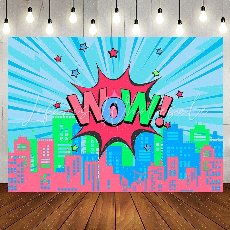 Lofaris Wow Star Pink Blue Building Girls Party Backdrop