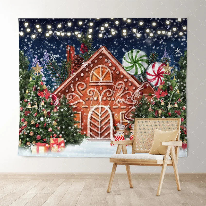 Lofaris Xmas Tree Cartoon Gingerbread House Christmas Backdrop