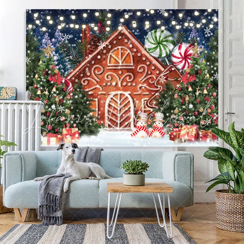 Lofaris Xmas Tree Cartoon Gingerbread House Christmas Backdrop