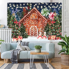 Lofaris Xmas Tree Cartoon Gingerbread House Christmas Backdrop