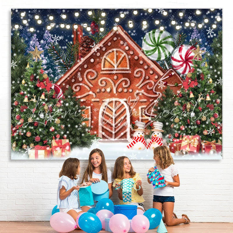 Lofaris Xmas Tree Cartoon Gingerbread House Christmas Backdrop