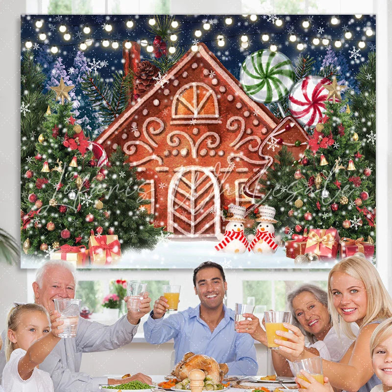 Lofaris Xmas Tree Cartoon Gingerbread House Christmas Backdrop