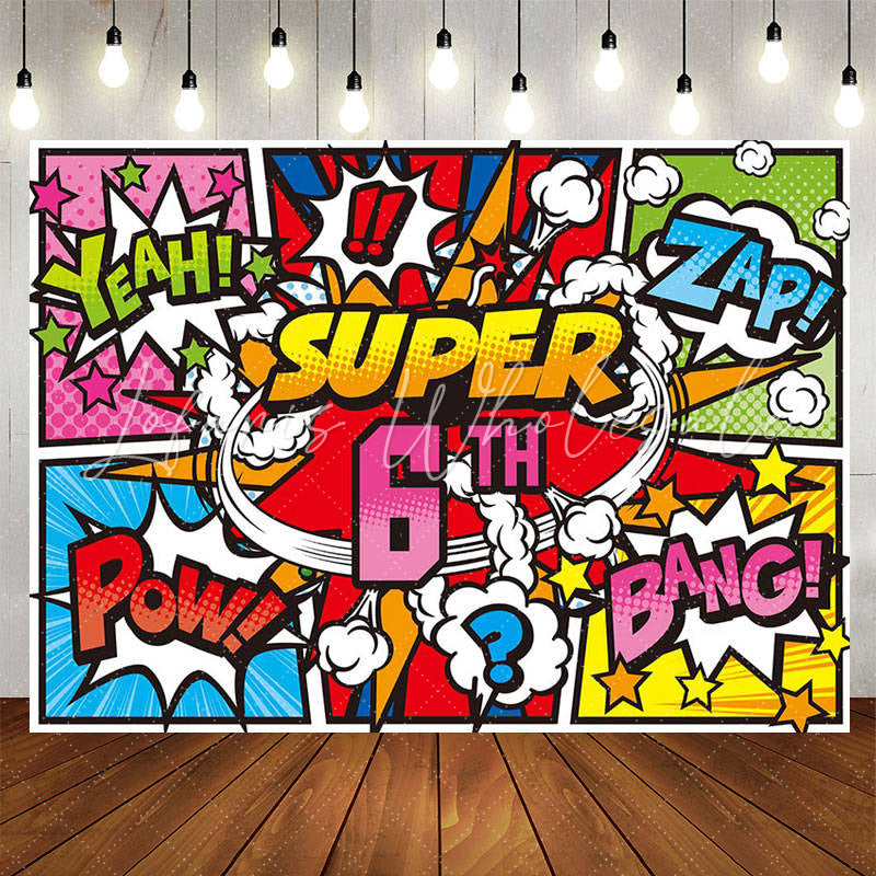 Lofaris Yeah Zap Pow Caricature Super 6th Birthday Backdrop