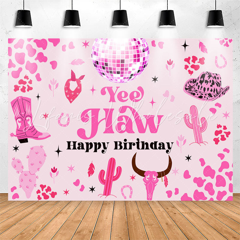 Lofaris Yee Haw Pink Cactus Spots Cowgirl Birthday Backdrop