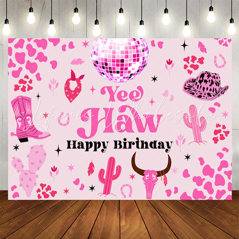 Lofaris Yee Haw Pink Cactus Spots Cowgirl Birthday Backdrop