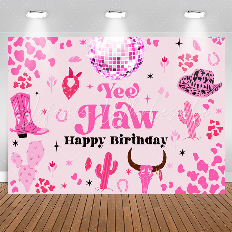 Lofaris Yee Haw Pink Cactus Spots Cowgirl Birthday Backdrop