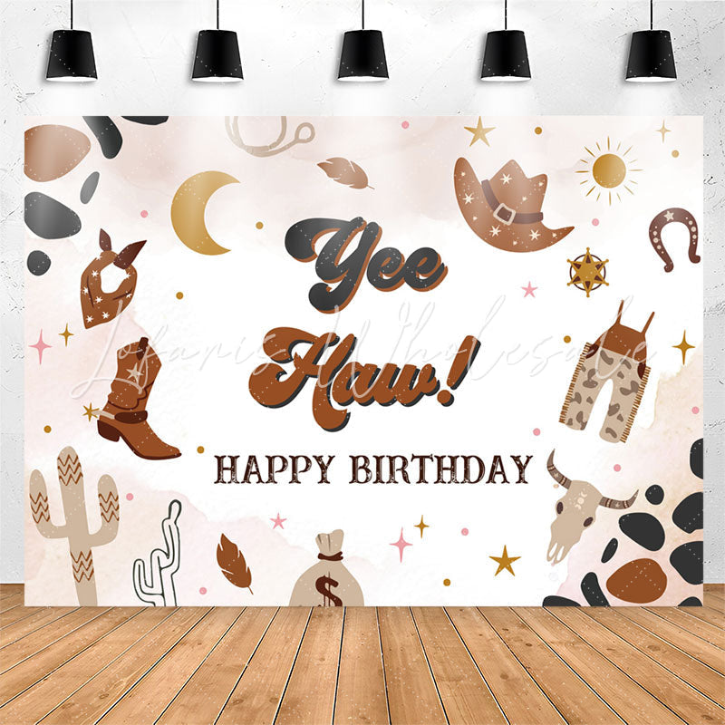 Lofaris Yee Haw Western Cowboy Brown Happy Birthday Backdrop